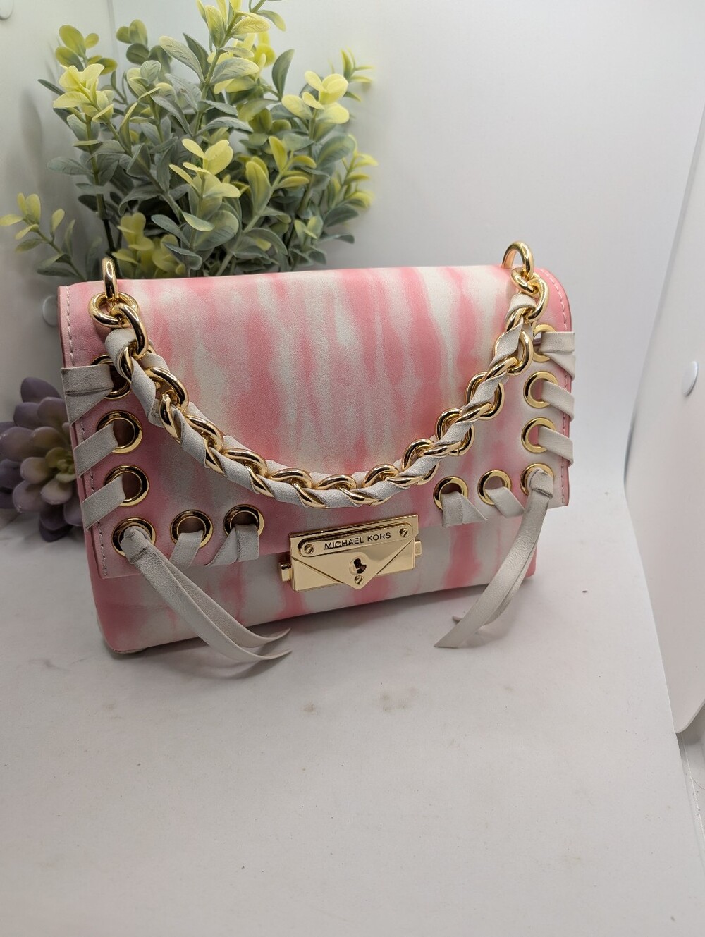 Michael Kors Pink and White Tie-Dye Mini Shoulder Bag with Whipstitch Gold